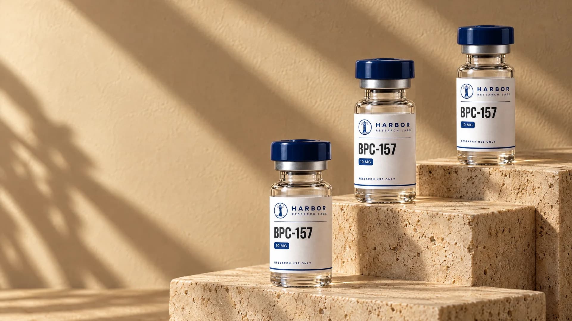 The finished Harbor Research Labs store: three vials on travertine steps beneath the new hero.
