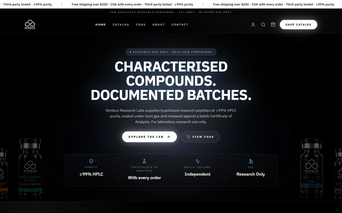 The Nimbus Research Labs store home page on the Ion theme