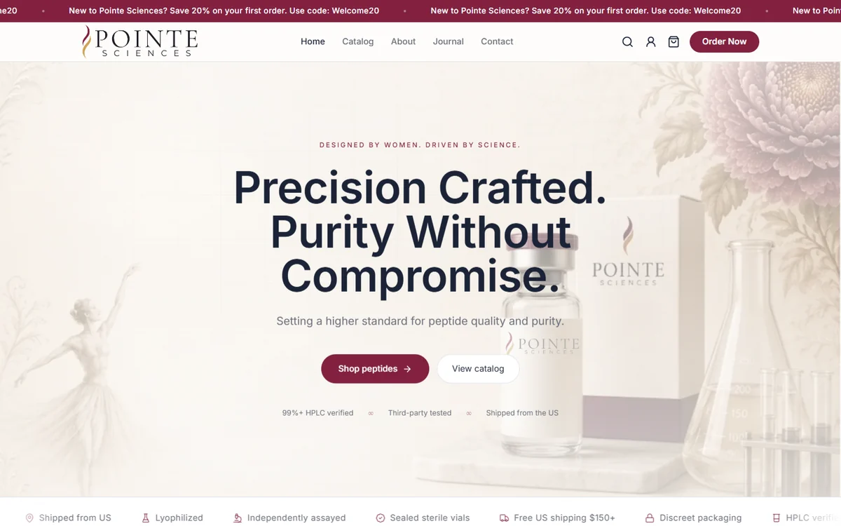 The Pointe Sciences store home page on the Quiet Luxe theme