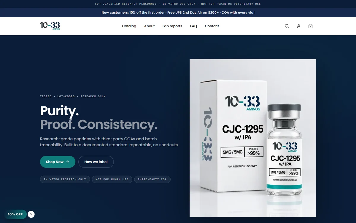 The 10-33 Aminos store home page on the Dispatch theme